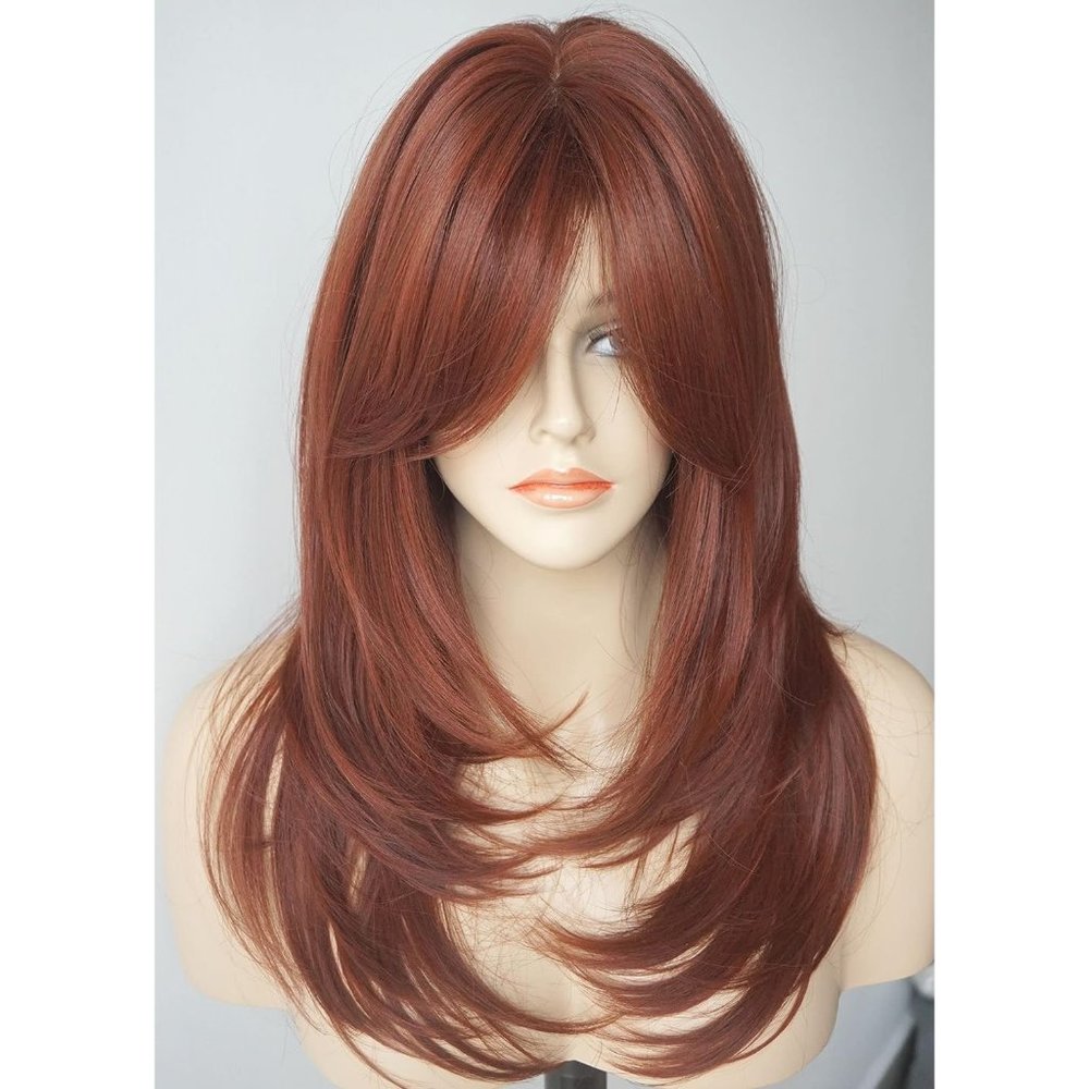 3315 Wigbuy Women Copper Brown  Long Layered Synthetic Auburn side bang wig